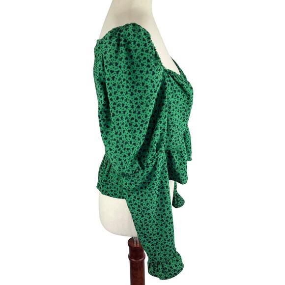 TOPSHOP‎ HEART PRINT PUFF SLEEVE BLOUSE IN GREEN NWOT WOMEN'S SIZE 8 - Picture 6 of 13